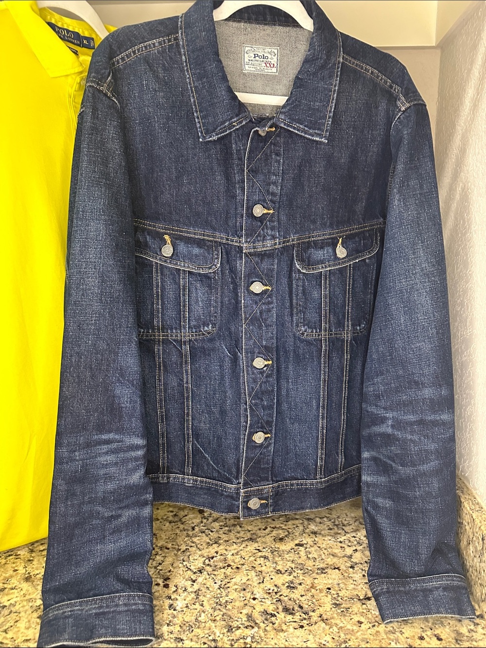 Polo by Ralph Lauren Men’s Dark Blue Denim Jacket with Yellow Polo Shirt. Set.